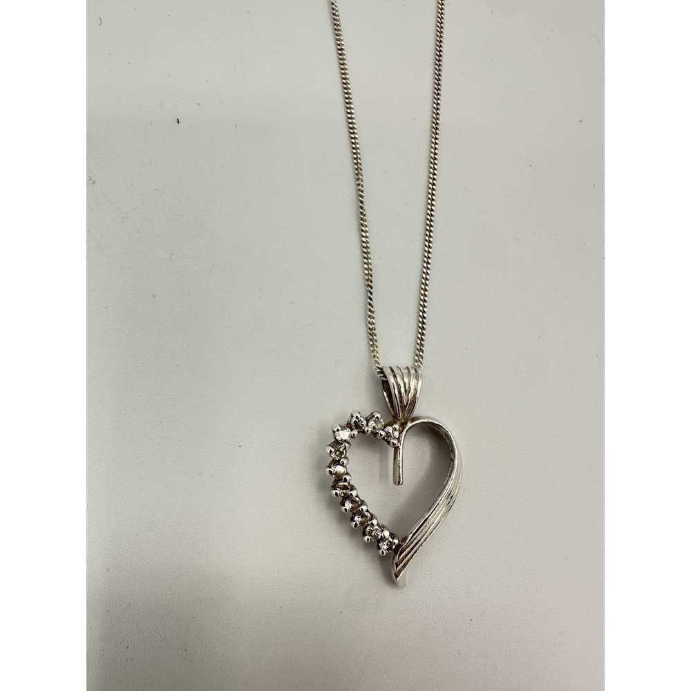 924 Sterling Silver Heart Charm Necklace W/  & Clear Rimestones